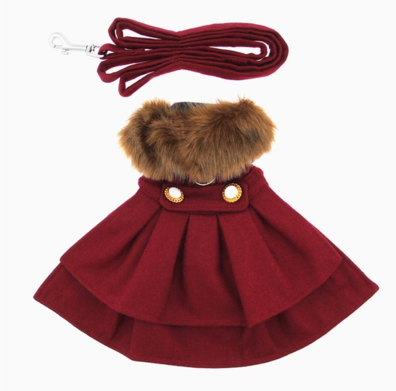 Fur-Trimmed Wool Coat &amp; Leash Set, Black or Burgundy
