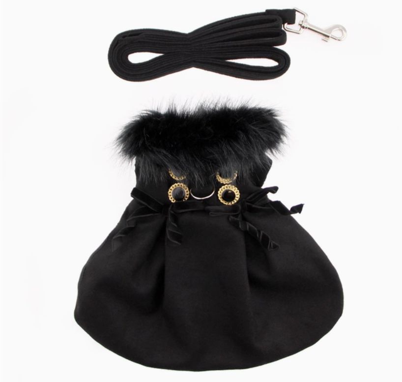 Fur-Trimmed Wool Coat &amp; Leash Set, Black or Burgundy, Color: Black, Size: XS