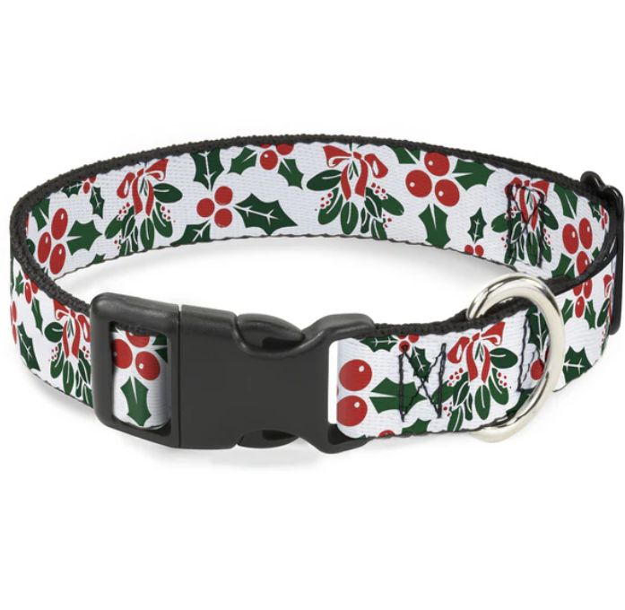 Buckle Down HOLLY &amp; MISTLETOE Holiday Dog Plastic Buckle Collar