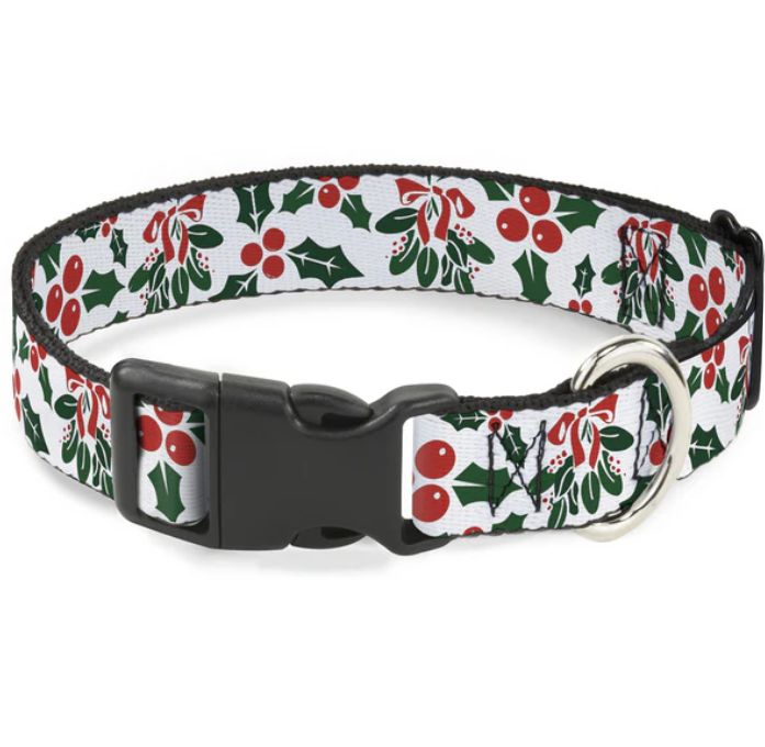 Buckle Down HOLLY &amp; MISTLETOE Holiday Dog Collar, Size: Small 1in (9-15&quot;)