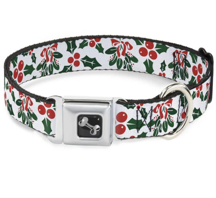 Buckle Down HOLLY &amp; MISTLETOE Seatbelt Buckle Dog Collar, Size: Large Wide 1.5in (20-31&quot;)