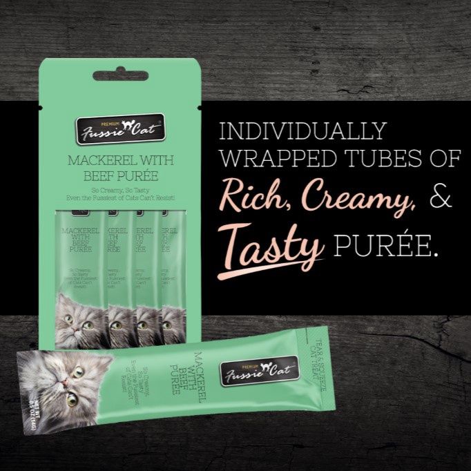 Fussie Cat Mackerel with Beef Puree Treat, 4 Single Serving Tubes