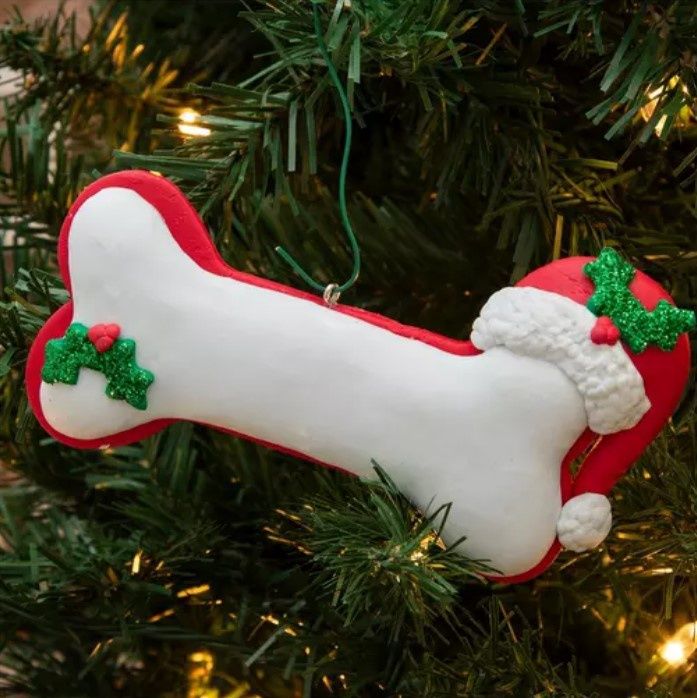 Holiday Dog Bone with Santa Hat Ornament, Customizable