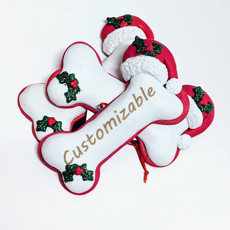 Holiday Dog Bone with Santa Hat Ornament with Personalization