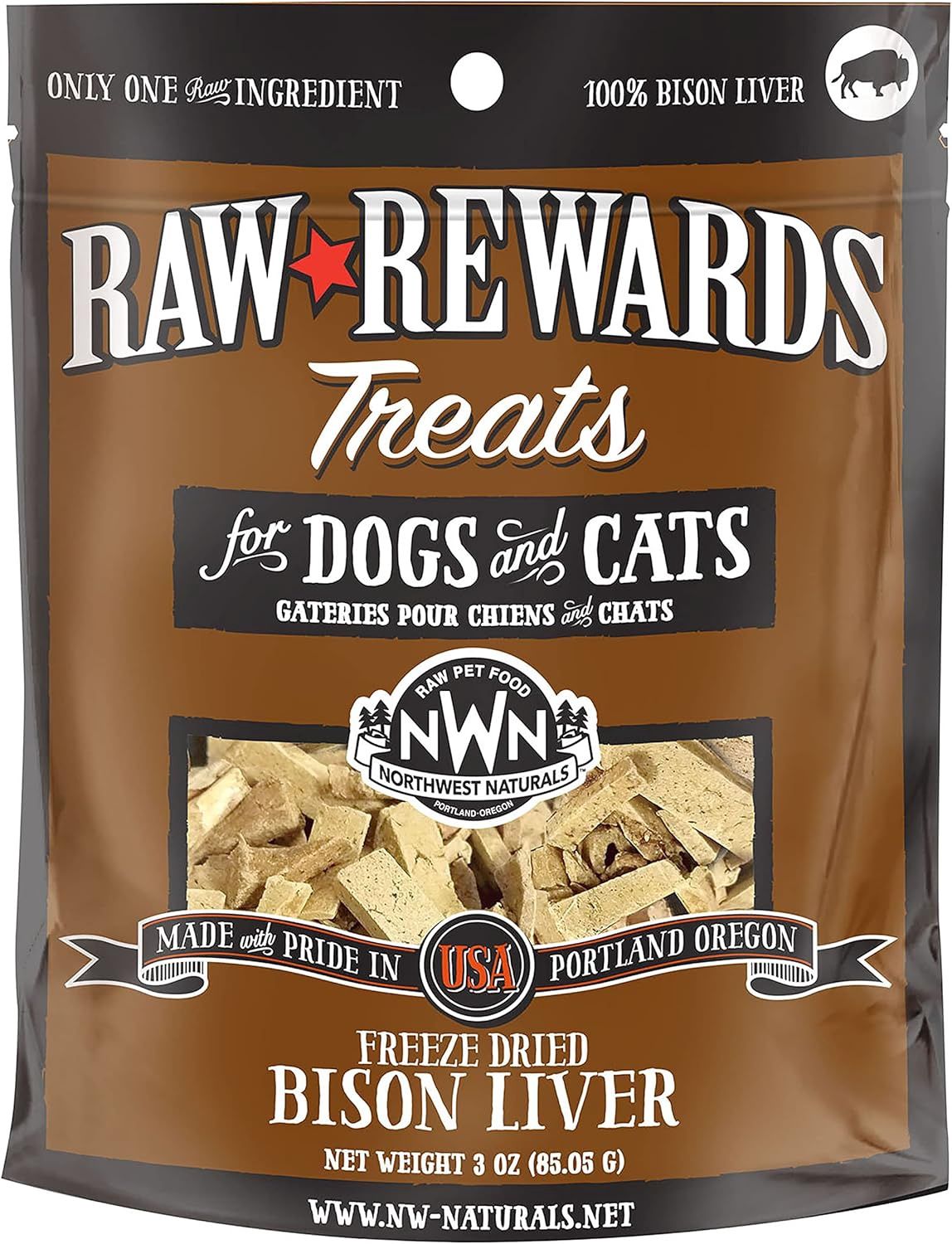 Raw Rewards Dog Cat Freeze-Dried Bison Liver Treats 3oz Bag