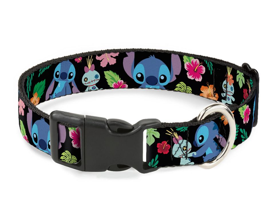 Buckle Down LILO &amp; STITCH &amp; SCRUMP HIBISCUS FLORAL Dog Plastic Buckle Collar, Size: Small 1in (9.5-13&quot;)