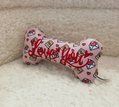 Love You Bone Shape Pink Plush Dog Toy with Squeaker, 7in