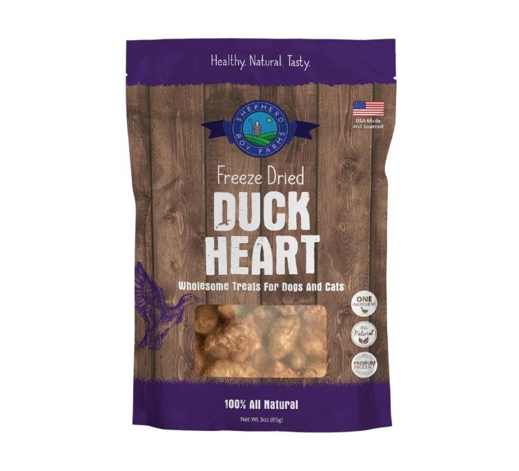 Shepherd Boy Farms Dog &amp; Cat Duck Hearts Freeze-Dried Treat 8oz Bag