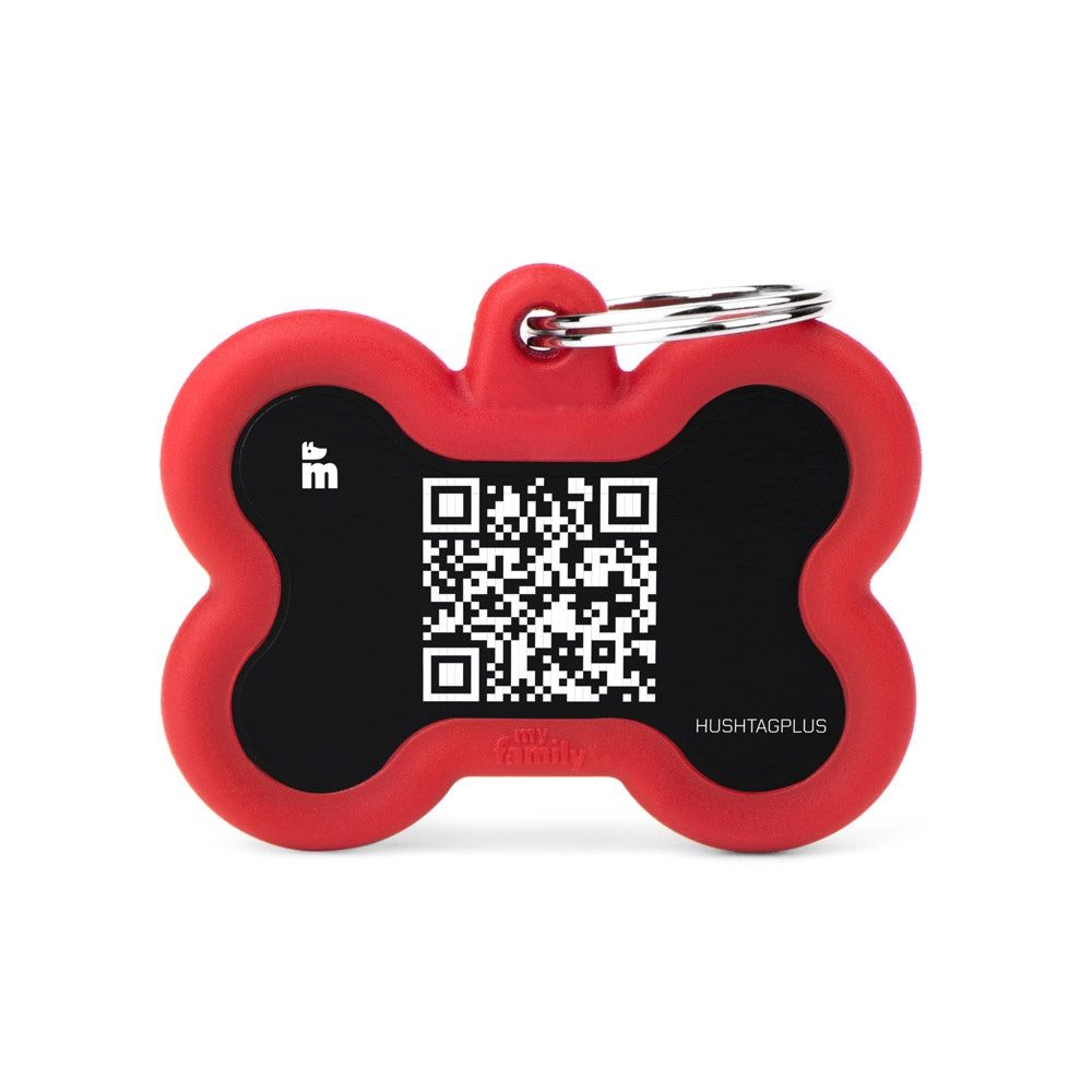 MyFamily Pet ID Tag Hushtag Plus QR Collection, Design: Red, Shape: Bone