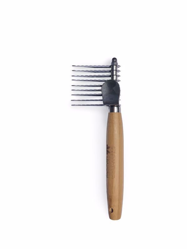Bamboo Groom Dematting Rake for Small/Med Dogs with Stainless Steel Serated Blade