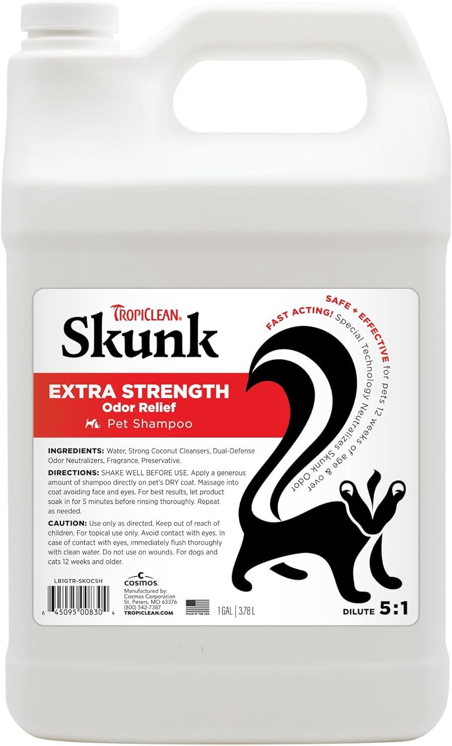 TropiClean Deodorizing Skunk Shampoo for Dogs, Extra Strength Skunk Odor Remover, 24 Hour Fast Relief 1 Gallon