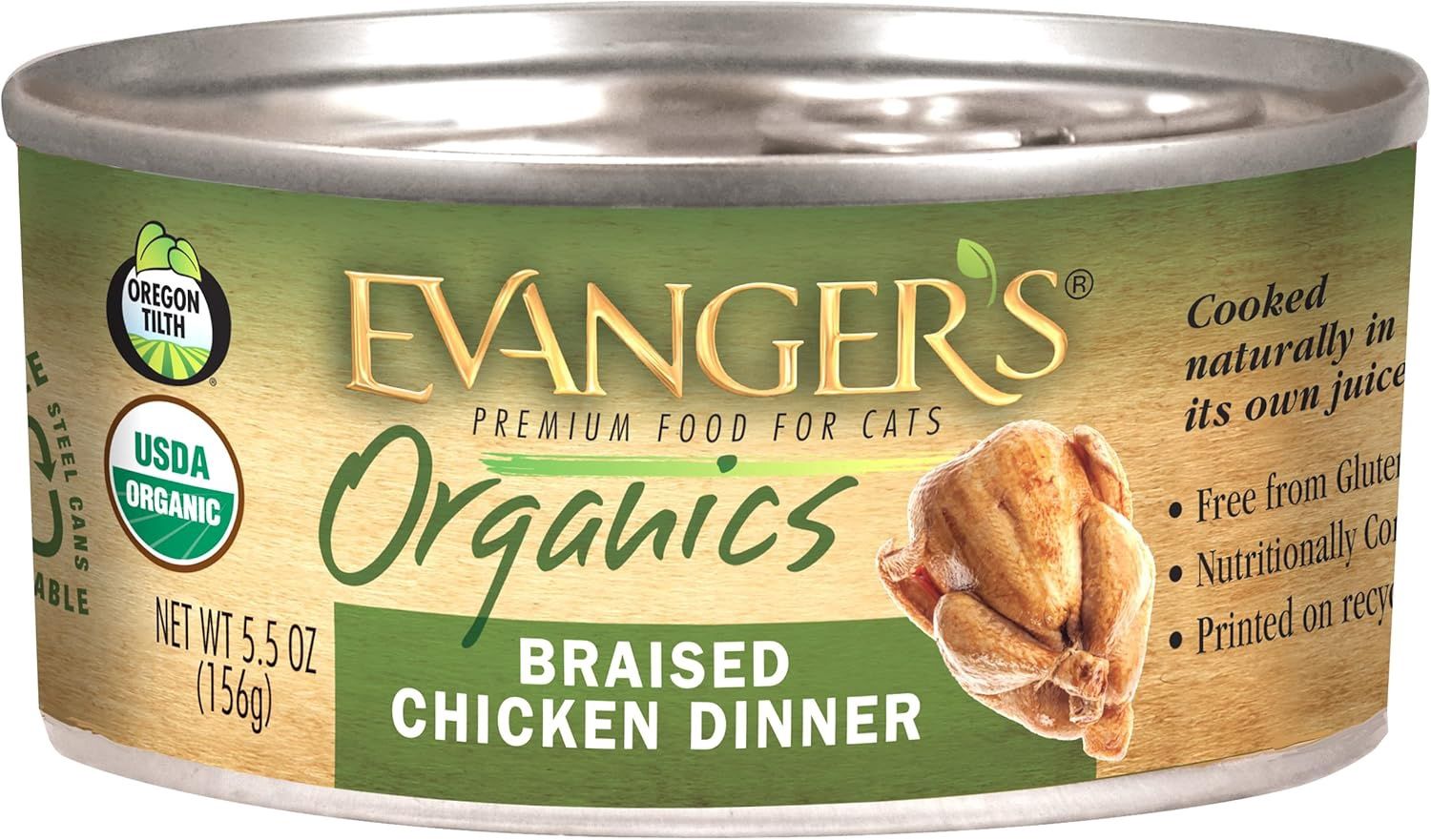 Evanger&#39;s Cat Organics Braised Chicken Dinner Wet Food 5.5oz Can, Quantity: Each (1 Can)