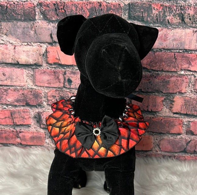 Orange Scales Ruffle Elastic Tie-On Dog Collar, Stretchy, Fits 10-22in