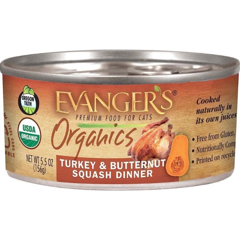 Evanger&#39;s Cat Organics Turkey &amp; Butternut Squash Dinner Wet Food 5.5oz Can, Quantity: Each (1 Can)