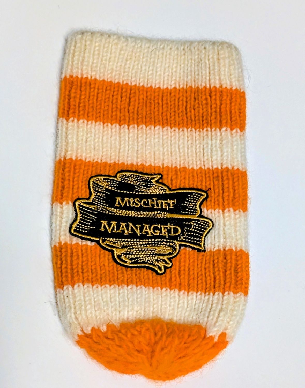 Tumbler Cozie with Fun Patch, Stripes, Wool, Color: Orange/Cream Stripe, Style: Mischief Managed