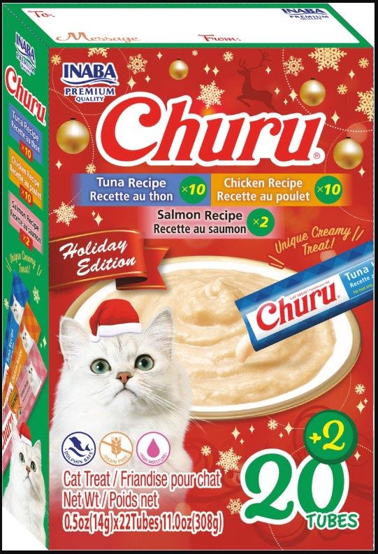 Inaba Churu Holiday Edition Cat Puree Lickable Treat, Tuna, Chicken &amp; Salmon Variety Pak, 22 Tubes