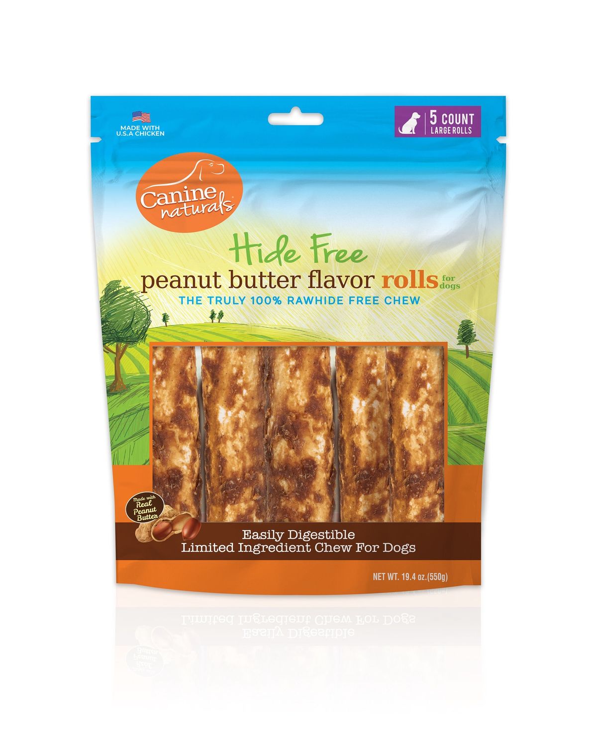 Canine Naturals Hide-Free Chicken &amp; Peanut Butter Roll 7in Large Dog Chew Treat 5/pak