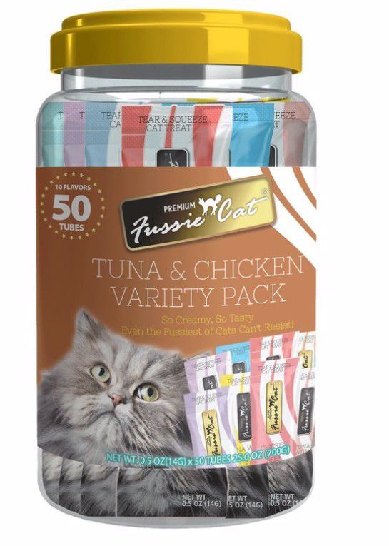 Fussie Cat Puree Lickable Cat Treats Tuna &amp; Chicken Variety Pack, 05.oz Tubes, 50ct Jar