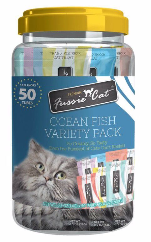 Fussie Cat Puree Lickable Cat Treats Oceanfish Variety Pack, 05.oz Tubes, 50ct Jar
