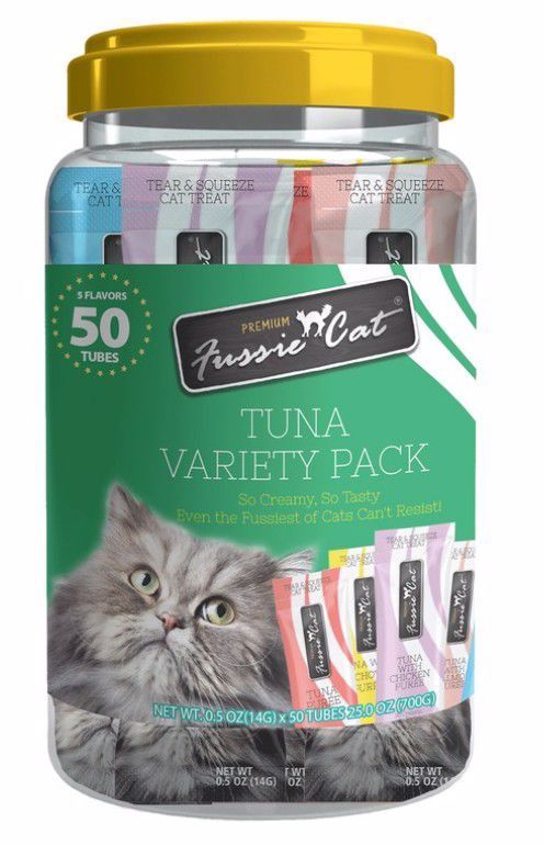 Fussie Cat Puree Lickable Cat Treats Tuna Variety Pack, 05.oz Tubes, 50ct Jar