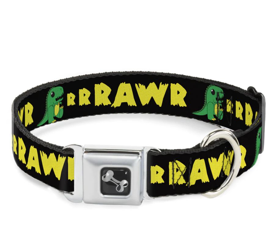 Buckle Down  RRRRAWR Dinosaur Seatbelt Dog Collar, Size: Large Wide 1.5in (20-31")