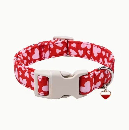 Red &amp; Pink Hearts Dog Collar, Quick Release Buckle &amp; Heart Pendant