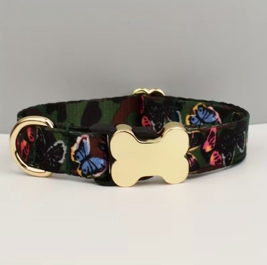 Dark Butterflies Dog Collar with Metal Bone Buckle