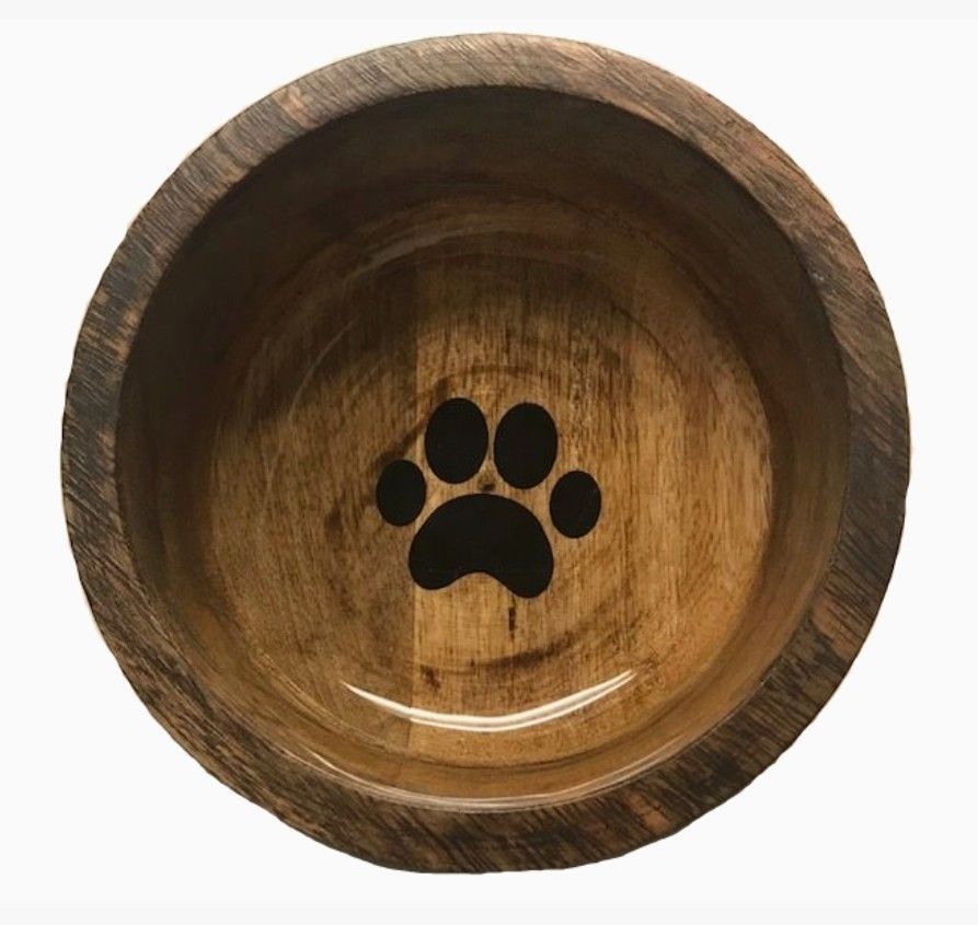 Round Wood Pet Food or Water Bowl with Paw Print