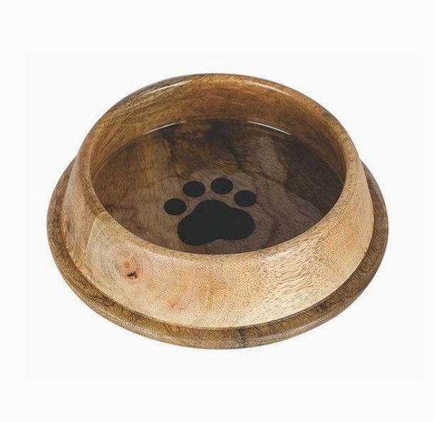 Non-Skid Round Wood Pet Food or Water Bowl with Paw Print