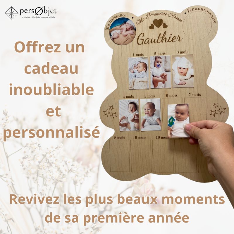 Cadre Photos Pêle-Mêle ours en Bois Personnalisé - Souvenirs de la Première Année de Bébé – idée cadeau de naissance personnalisé – décoration chambre enfant, bébé, salon, salle à manger