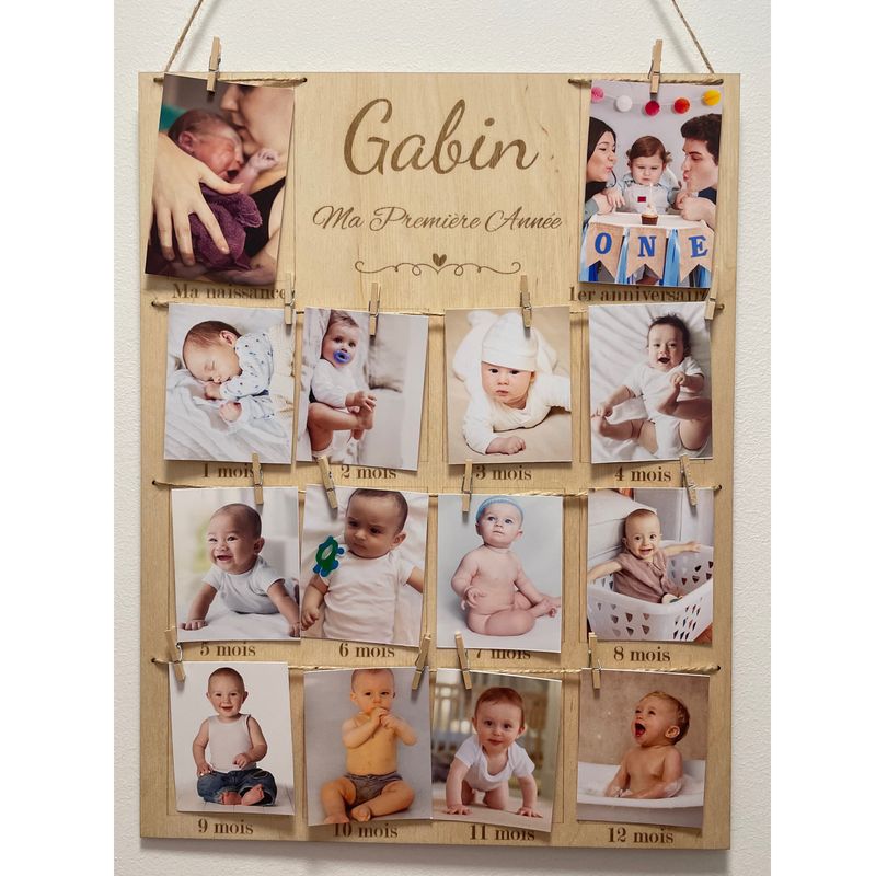 Cadre Photos Pêle-Mêle en Bois Personnalisé - Souvenirs de la Première Année de Bébé – idée cadeau de naissance personnalisé – décoration chambre enfant, bébé, salon, salle à manger