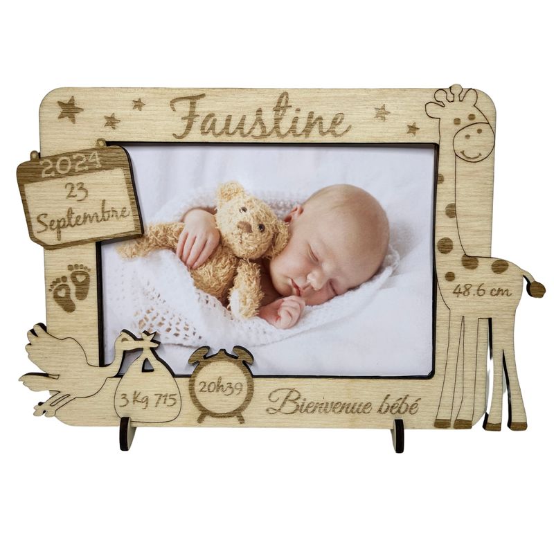 Cadre Photo naissance en Bois Personnalisable avec girafe - Souvenir de la naissance de Bébé – idée cadeau de naissance personnalisé pour maman, papa, mamie, papy – décoration chambre bébé, séjour