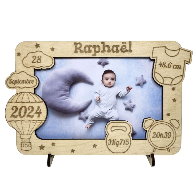 Cadre Photo naissance en Bois Personnalisable montgolfière - Souvenir de la naissance de Bébé – idée cadeau de naissance personnalisé pour maman, papa, mamie, papy – décoration chambre bébé, séjour