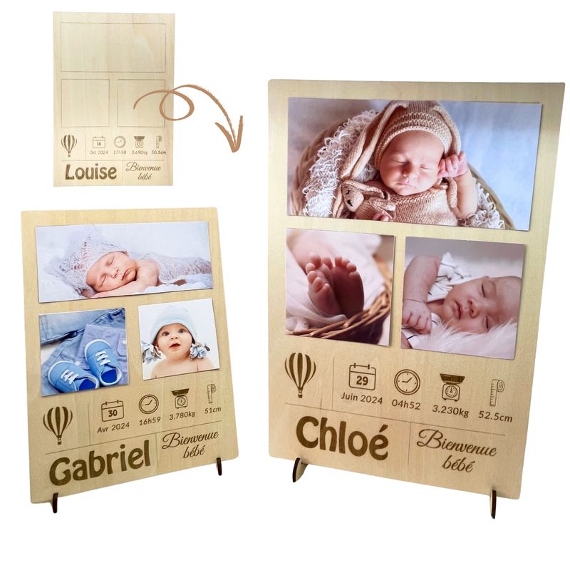 Cadre Photo naissance en Bois Personnalisable 3 photos - Souvenir de la naissance de Bébé – idée cadeau de naissance personnalisé pour maman, papa, mamie, papy – décoration chambre bébé, séjour