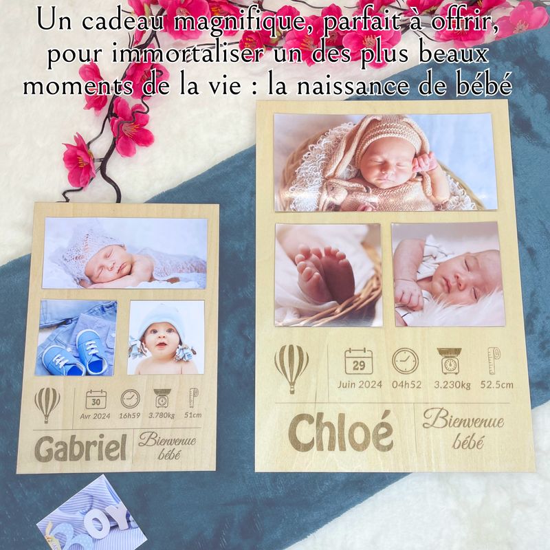 Cadre Photo naissance en Bois Personnalisable 3 photos - Souvenir de la naissance de Bébé – idée cadeau de naissance personnalisé pour maman, papa, mamie, papy – décoration chambre bébé, séjour
