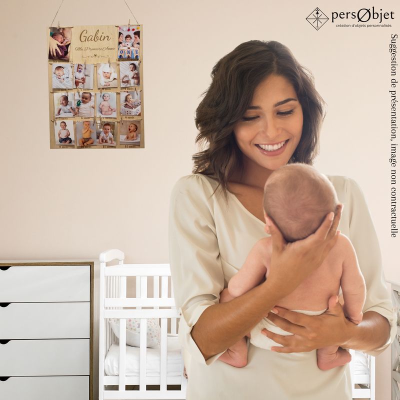 Cadre Photos Pêle-Mêle en Bois Personnalisé - Souvenirs de la Première Année de Bébé – idée cadeau de naissance personnalisé – décoration chambre enfant, bébé, salon, salle à manger