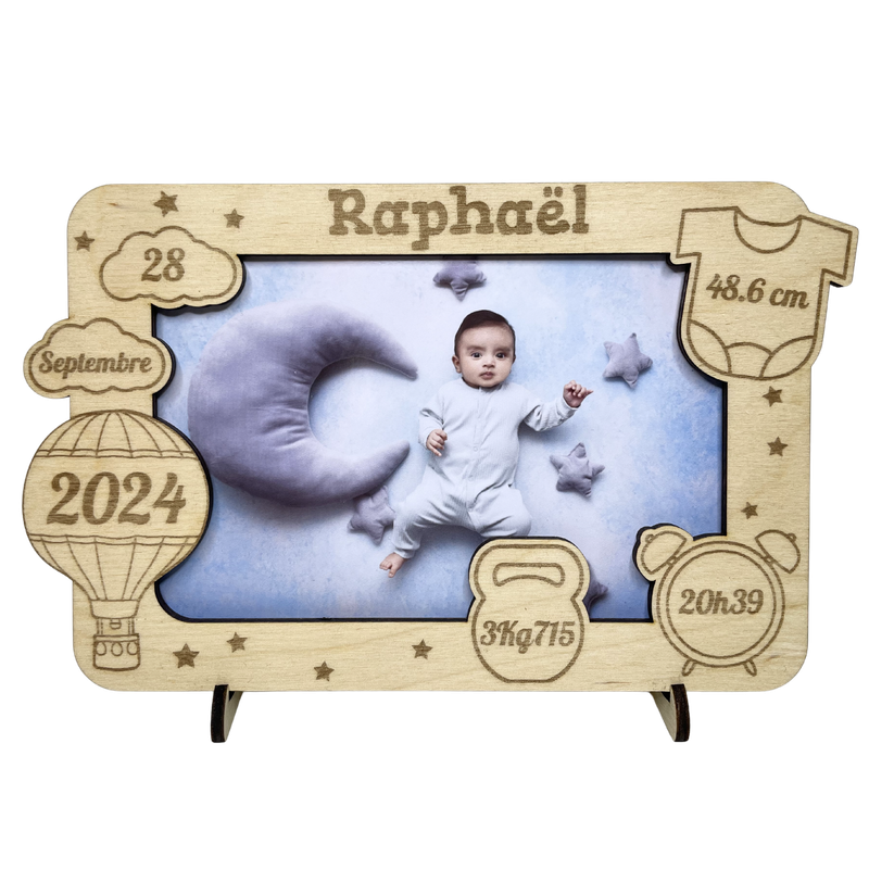 Cadre Photo naissance en Bois Personnalisable montgolfière - Souvenir de la naissance de Bébé – idée cadeau de naissance personnalisé pour maman, papa, mamie, papy – décoration chambre bébé, séjour