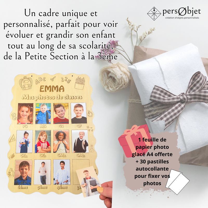 Cadre en bois pour photo de classe individuelle et souvenir scolaire, personnalisé au prénom de votre enfant, de la PS a la 3eme, idée-cadeau pour enfant, parent et grand-parent, 28x40cm ou 20x28cm