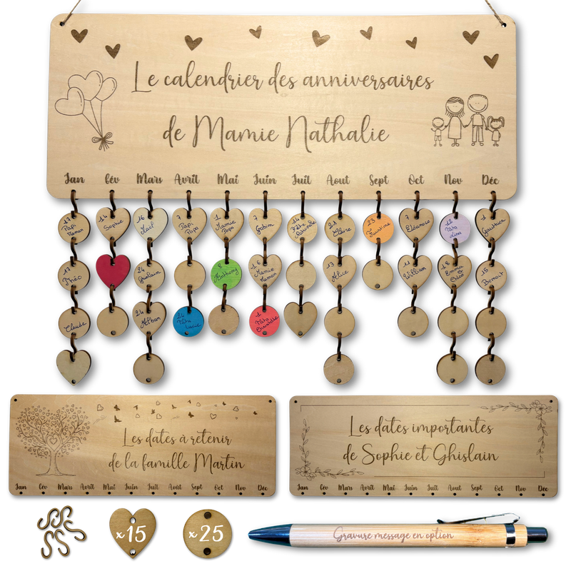 Calendrier des anniversaires personnalisé en bois XL (17x44,5cm) – 40 pendentifs inclus (cœurs et ronds) + stylo bambou. Idée de cadeau originale pour noël, anniversaire, famille, amis