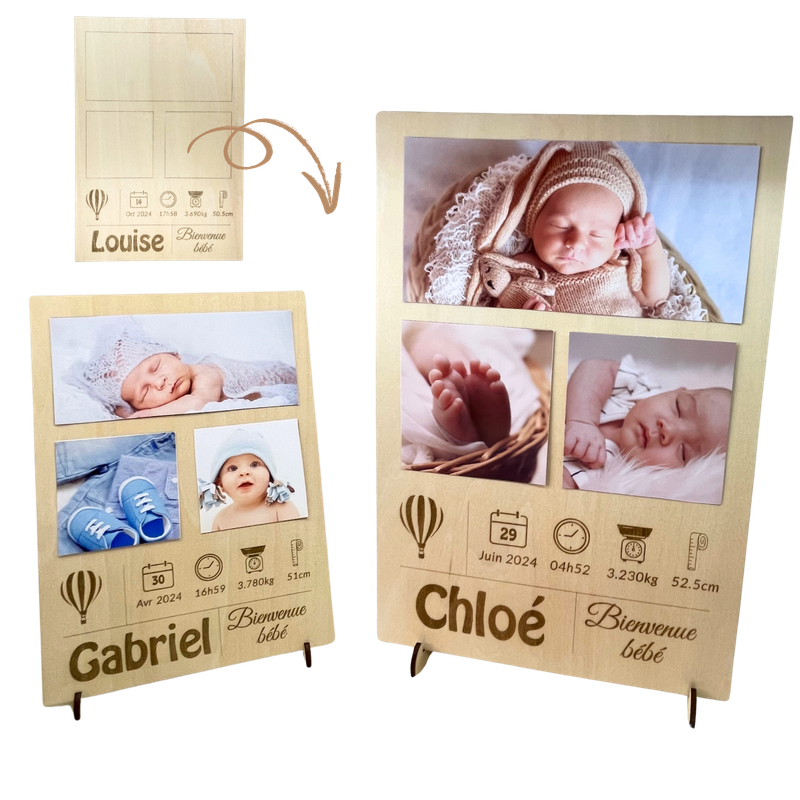 Cadre Photo naissance en Bois Personnalisable 3 photos - Souvenir de la naissance de Bébé – idée cadeau de naissance personnalisé pour maman, papa, mamie, papy – décoration chambre bébé, séjour