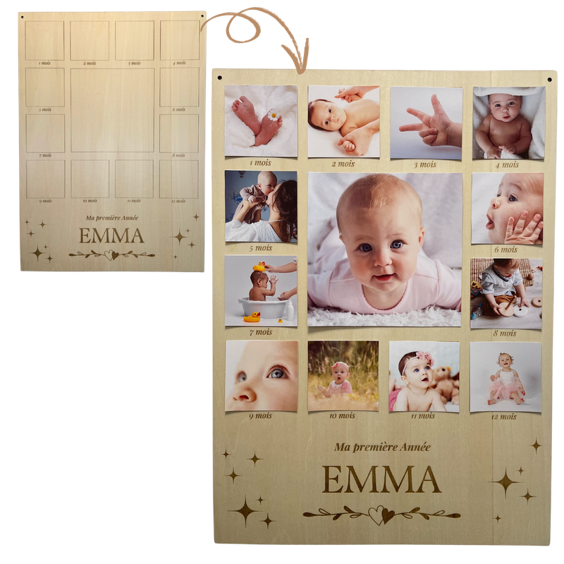 Cadre Photos Pêle-Mêle 13 photos en Bois Personnalisé - Souvenirs de la Première Année de Bébé – idée cadeau de naissance personnalisé – décoration chambre enfant, bébé, salon, salle à manger