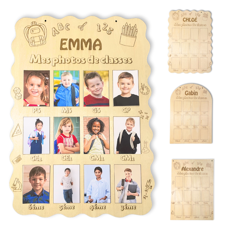 Cadre en bois pour photo de classe individuelle et souvenir scolaire, personnalisé au prénom de votre enfant, de la PS a la 3eme, idée-cadeau pour enfant, parent et grand-parent, 28x40cm ou 20x28cm
