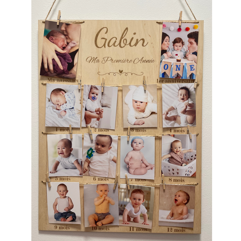 Cadre Photos Pêle-Mêle en Bois Personnalisé - Souvenirs de la Première Année de Bébé – idée cadeau de naissance personnalisé – décoration chambre enfant, bébé, salon, salle à manger