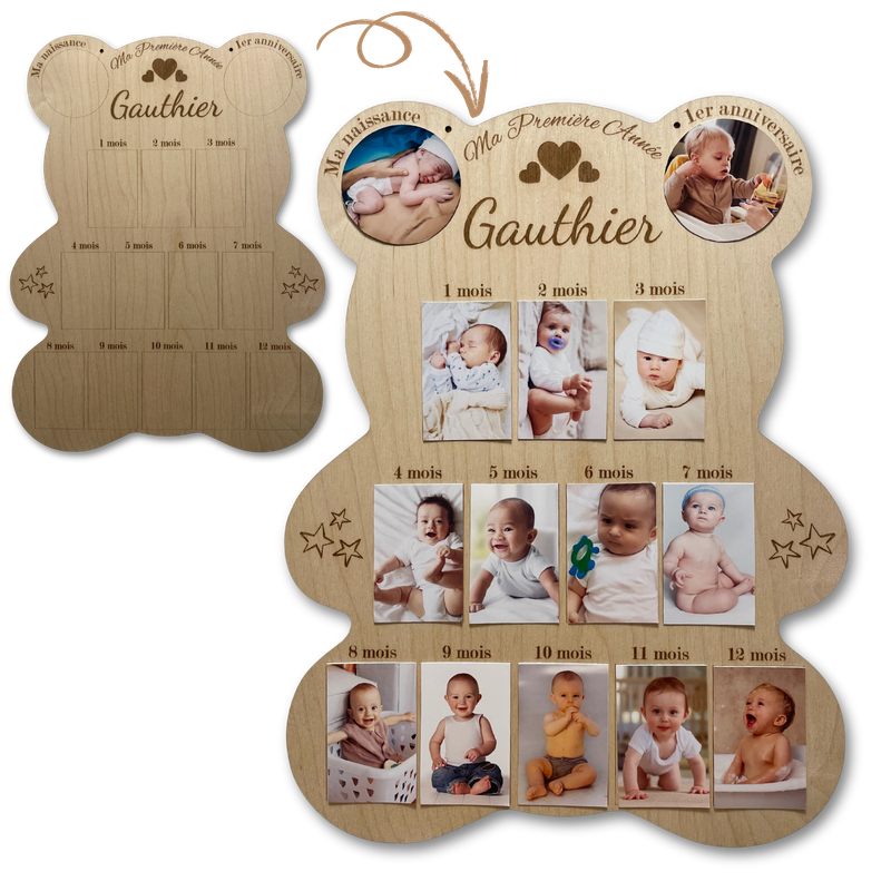 Cadre Photos Pêle-Mêle ours en Bois Personnalisé - Souvenirs de la Première Année de Bébé – idée cadeau de naissance personnalisé – décoration chambre enfant, bébé, salon, salle à manger