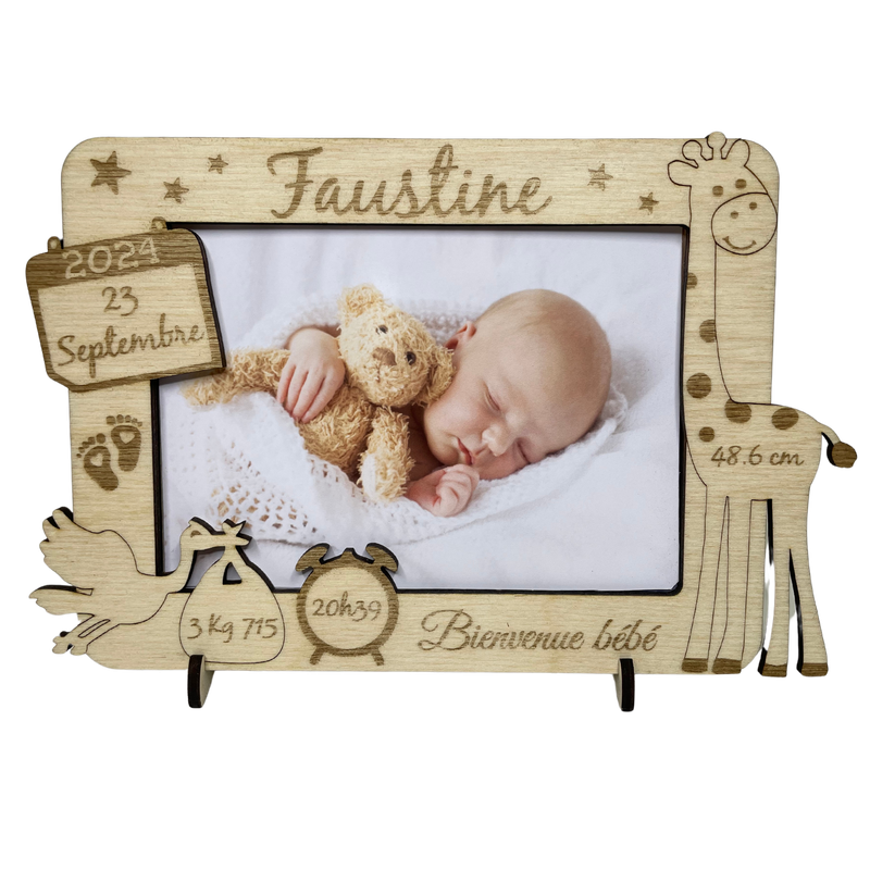 Cadre Photo naissance en Bois Personnalisable avec girafe - Souvenir de la naissance de Bébé – idée cadeau de naissance personnalisé pour maman, papa, mamie, papy – décoration chambre bébé, séjour