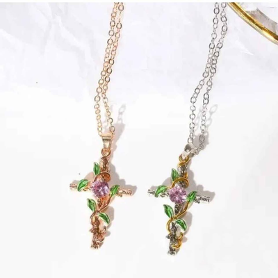 Beautiful Cross Necklace with Pink Stone, flower Vines with Leaf&#39;s