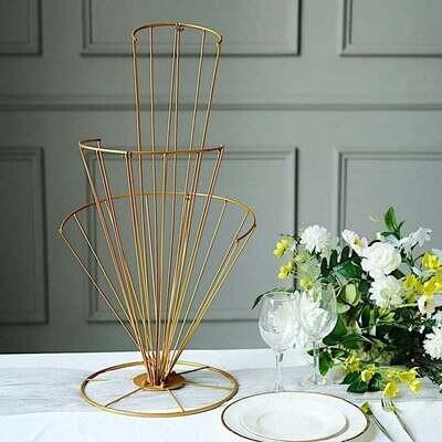 32&quot; Tall Gold Metal Wire Scalloped Fan Shape Flower Frame Stand, Floral Display Wedding Centerpiece
