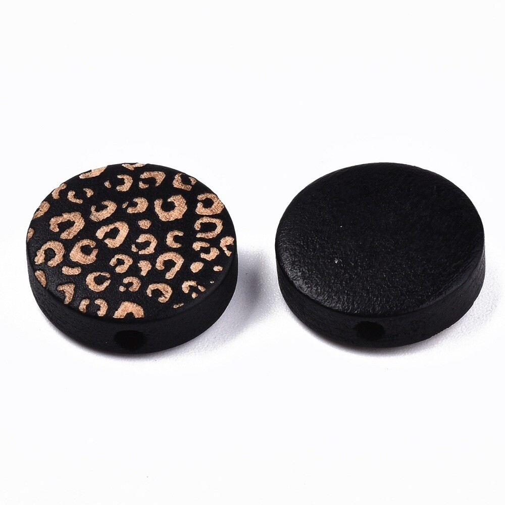 Wooden Leopard Print Flat Round Black &amp; Gold 15mm