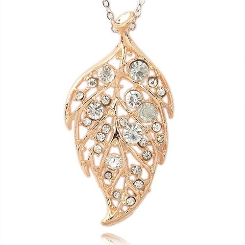 Rhinestone Leaf Pendant - Gold 77x39mm