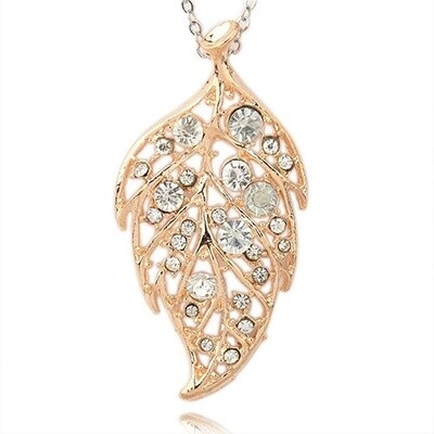 Rhinestone Leaf Pendant - Gold 77x39mm